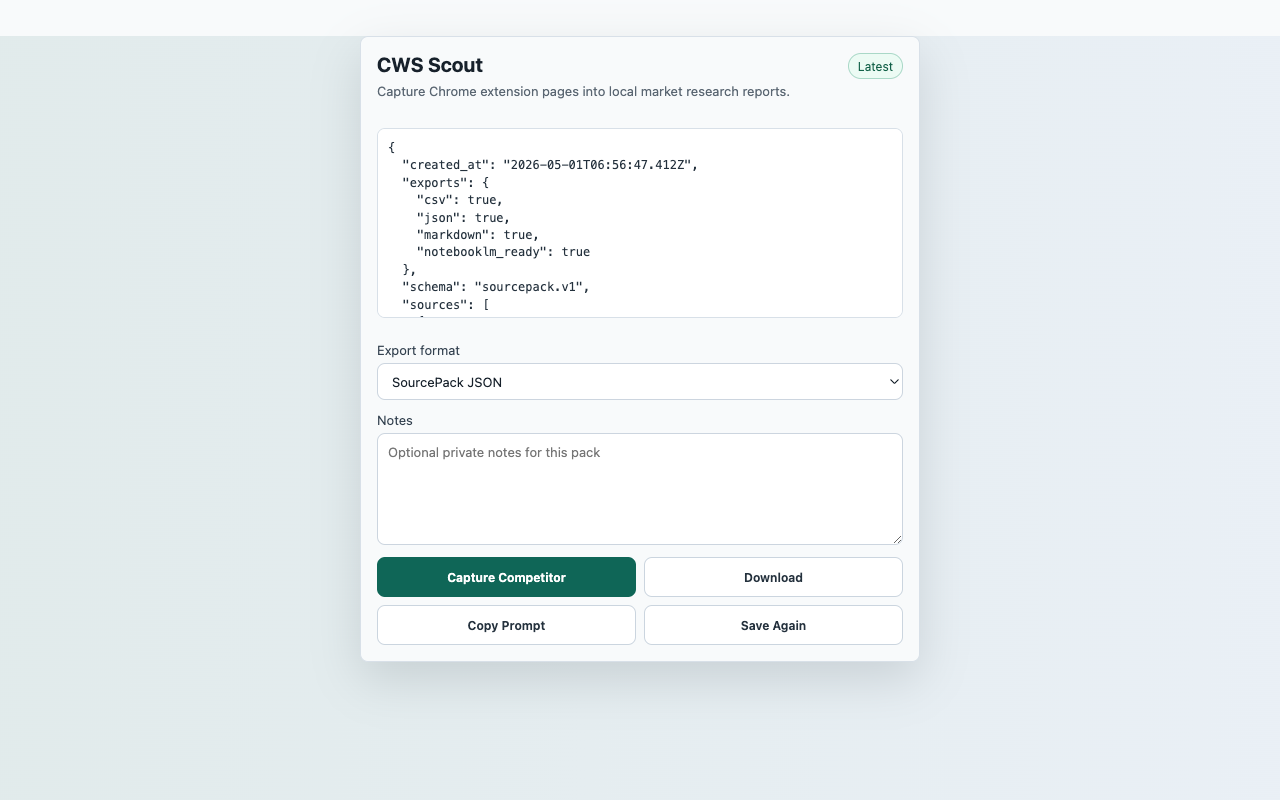 CWS Scout popup screenshot showing the shipped extension UI